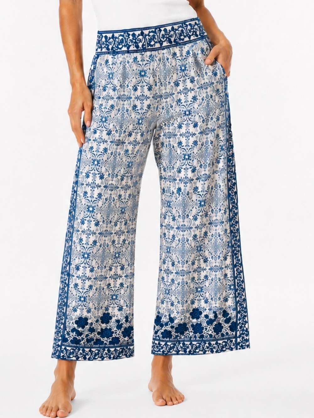 MONSOON Cropped Blue & White Printed Wide-Leg Pull-On Pants w Pockets
